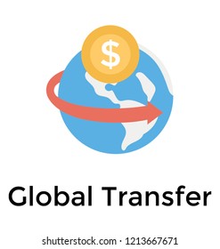 Globe having arrow symbol and dollar coin symbolizing global transfer 