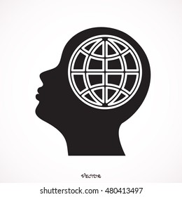 A globe in the head of a silhouette woman as she thinks globally.