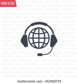 Globe in headphones line icon.