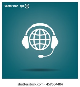 Globe in headphones line icon.