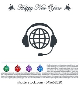 Globe in headphones line icon.