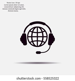 Globe in headphones line icon.