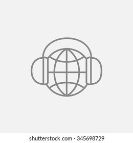 Globe in headphones line icon for web, mobile and infographics. Vector dark grey icon isolated on light grey background.