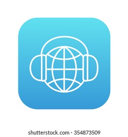 Globe in headphones line icon for web, mobile and infographics. Vector white icon on the blue gradient square with rounded corners isolated on white background.