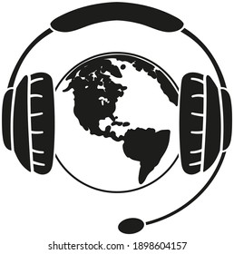 Globo con auriculares con micrófono. Ilustración vectorial en blanco y negro sobre fondo blanco