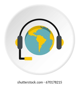 Globe with headset icon in flat circle isolated vector illustration for web