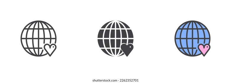 Globe with heart different style icon set. Line, glyph and filled outline colorful version, outline and filled vector sign. Charity symbol, logo illustration. Vector graphics