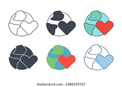 Colección de iconos Globe with Heart con estilos diferentes. Icono de amor de la Tierra ilustración vector aislado en fondo blanco
