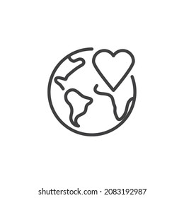 Globe con icono de línea cardíaca. signo de estilo lineal para concepto móvil y diseño web. Icono de vector de contorno de la Tierra y el corazón. Caridad, símbolo de donación, ilustración del logo. Gráficos vectoriales