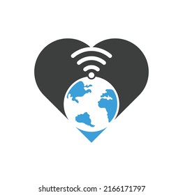 Globe heart shape concept logo design icon. World signal vector logo template.	