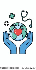 Globo con corazón y estetoscopio que simbolizan la salud global y el amor