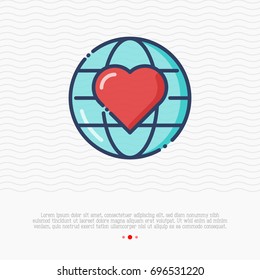 Globe with heart thin line icon. Symbol of love and peace. Vector illustration for logo of charity, donation organization.