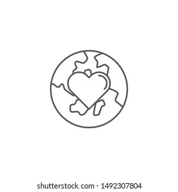 Globe with heart vector icon symbol isolated on white background