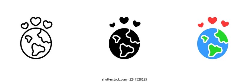 Globe with hearts set icon. Like, heart, gift, sympathy, couple, wedding, anniversary, care, love. Valentine day concept. Vector icon in line, black and colorful style on white background