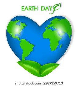 Globe, heart-shaped planet, symbol of love for the earth. Abstract map of the world, green continents in the blue ocean. The concept of the day of the earth and love for the planet. Love our planet