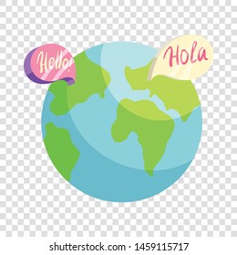 Globe with Hello and Hola world in speech bubbles icon. Cartoon illustration of globe with Hello and Hola world in speech bubbles vector icon for web