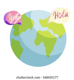 Globe with Hello and Hola world in speech bubbles icon. Cartoon illustration of globe with Hello and Hola world in speech bubbles vector icon for web