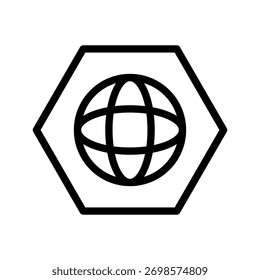 Globe Hexagon icon set featuring global network, international connectivity, digital mapping, and worldwide communication in a clean modern line style
