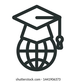 globe and high school graduation cap - minimal line web icon. simple vector illustration. concept for infographic, website or app.