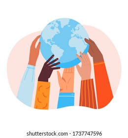 Globe holding by diverse hands. Vector illustration concept for protecting Earth, togetherness, helping ecological projects, partnership in solving global problems