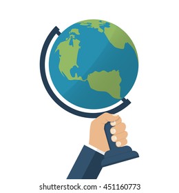 Globe holding in hands men. Protect the environment concept. Isolated Globe, planet, earth, in hand. Vector illustration of a flat design.