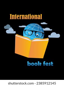 A globe is holding an open book and reading. Poster for book festival, international book fest, education, culture festival, library or other reading or literature event. Vector illustration.