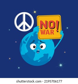  Globe holding a sign with the words no war and peace symbol, world peace day, illustrator vector cartoon drawing image painting