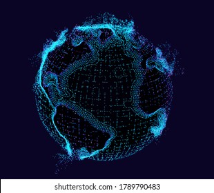 Globe hologram technology vector background. Earth tech hud. Futuristic particle data mesh.