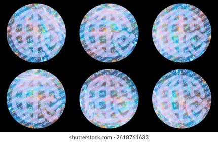 Globe holographic sticker set. Holographic effect labels Security Verified, Original, Premium, Validated, Safe Secure and Authentic. Shiny rainbow emblem vector illustration for product assurance