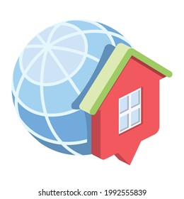 Globe, home pin map. Vector 3d symbol, isometric, color web icons, new flat style. Creative design idea, concept for infographics.