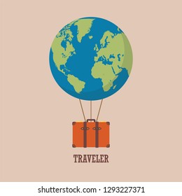 globe hot air balloon with travel bag. Vector illustration