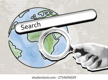 Globe, Human hand with magnifying glass in dotted pop art style. Retro halftone search bar with collage. Vector illustration for mixed media design.