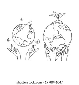 globe in human hands line art vector