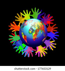 Globe with human hands. Vector