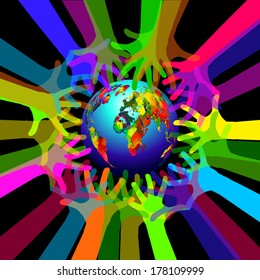 Globe with human hands. Vector 
