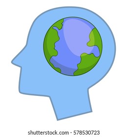 Globe in human head icon. Cartoon illustration of globe in human head vector icon for web