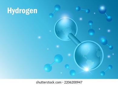 Globe in Hydrogen molecule structure, H2 fuel cell. Clean hydrogen energy for renewable fuel, alternative sustainable energy, fuel for future industry. 3D in futuristic background.