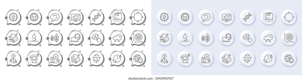 Globe, Iceberg and Cloud storage line icons. White pin 3d buttons, chat bubbles icons. Pack of Zinc mineral, Package size, Recovery data icon. Ab testing, Waterproof, Idea pictogram. Vector