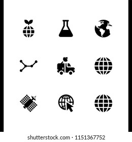 globe icon. 9 globe set with nodes, flask outline, satellite and earth globe with continents maps vector icons for web and mobile app