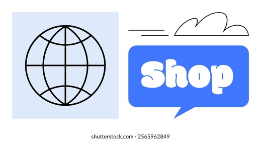 A globe icon alongside a speech bubble with the word Shop inside, indicating online shopping. Ideal for e-commerce platforms, global marketplaces, digital businesses, shopping apps, tech-savvy