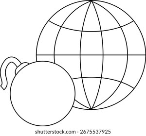 ícone de globo e ícone de bomba com fundo branco.com linhas pretas