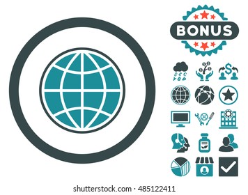 Globe icon with bonus design elements. Vector illustration style is flat iconic bicolor symbols, soft blue colors, white background.