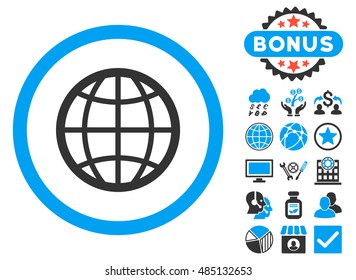 Globe icon with bonus design elements. Vector illustration style is flat iconic bicolor symbols, blue and gray colors, white background.