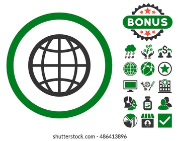 Globe icon with bonus elements. Vector illustration style is flat iconic bicolor symbols, green and gray colors, white background.