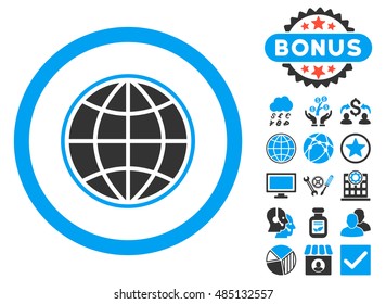 Globe icon with bonus images. Vector illustration style is flat iconic bicolor symbols, blue and gray colors, white background.