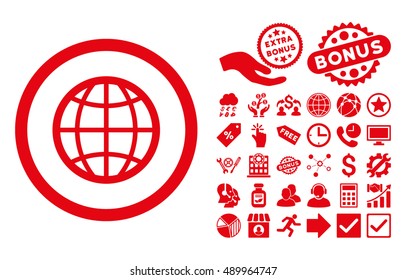 Globe icon with bonus images. Vector illustration style is flat iconic symbols, red color, white background.