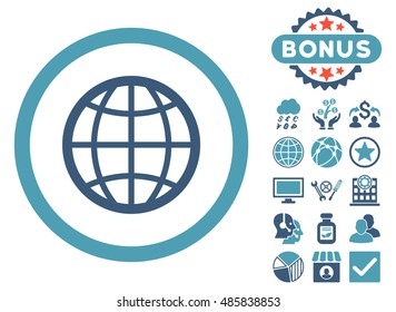 Globe icon with bonus pictogram. Vector illustration style is flat iconic bicolor symbols, cyan and blue colors, white background.