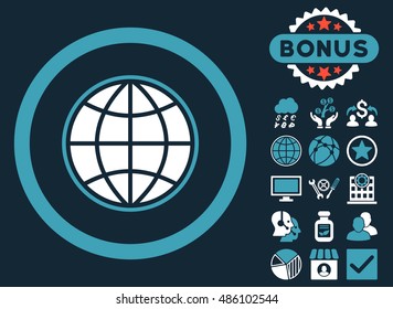 Globe icon with bonus pictogram. Vector illustration style is flat iconic bicolor symbols, blue and white colors, dark blue background.
