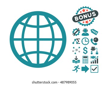 Globe icon with bonus pictogram. Vector illustration style is flat iconic bicolor symbols, soft blue colors, white background.