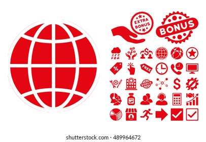 Globe icon with bonus pictogram. Vector illustration style is flat iconic symbols, red color, white background.